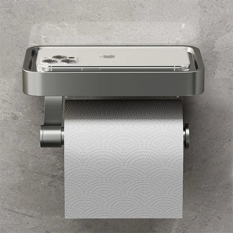 Wandmontierter Edelstahl Toilettenpapierhalter mit Ablage. Perfekt für ein organisiertes, modernes Bad.