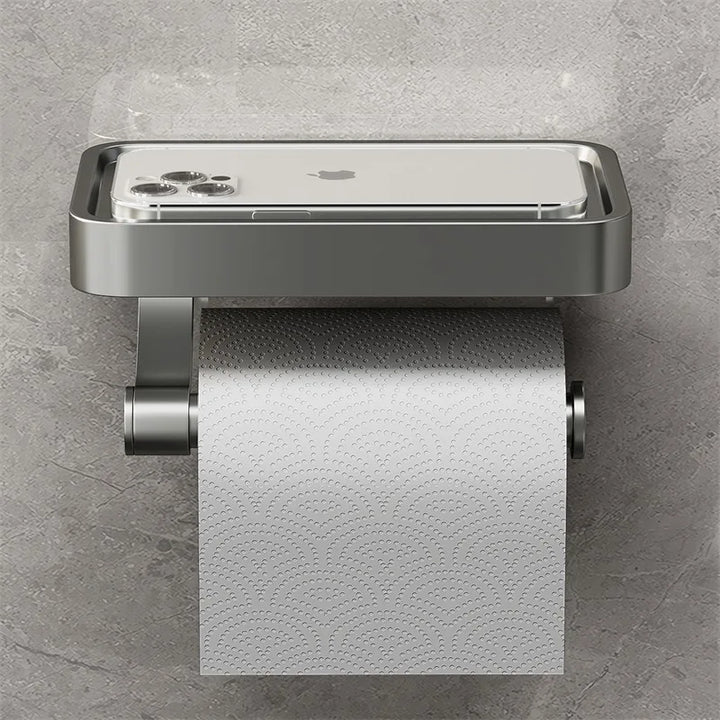 Wandmontierter Edelstahl Toilettenpapierhalter mit Ablage. Perfekt für ein organisiertes, modernes Bad.