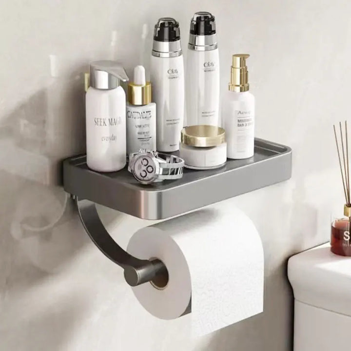 Design Toilettenpapierhalter mit integrierter Ablage. Optimiert die Organisation in Ihrem Badezimmer.