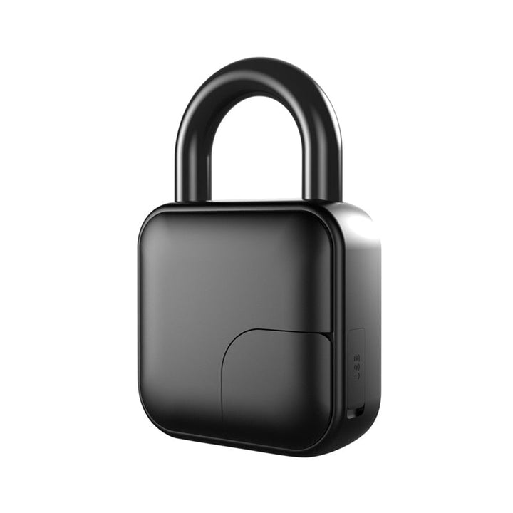Schwarzes Fingerabdruck-Vorhängeschloss PW260512 mit USB-Ladeanschluss. Komfortable Sicherheit.