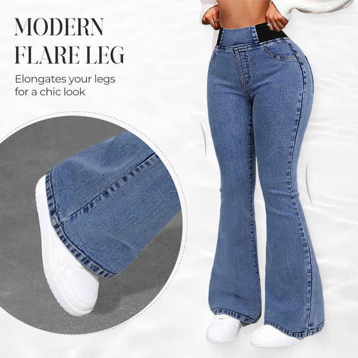 Modische Damen High-Waist Flare Jeans in Dunkelblau, dehnbar & figurformend für stilvollen Komfort.