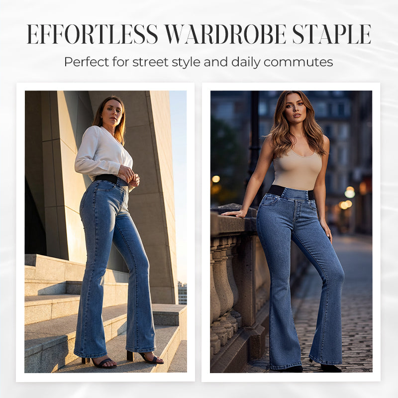 Stylische Damenjeans mit ausgestelltem Bein, High-Waist Design, in dunklem Denim, sehr bequem.