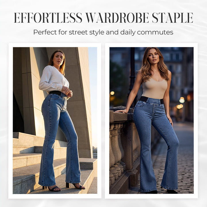 Stylische Damenjeans mit ausgestelltem Bein, High-Waist Design, in dunklem Denim, sehr bequem.