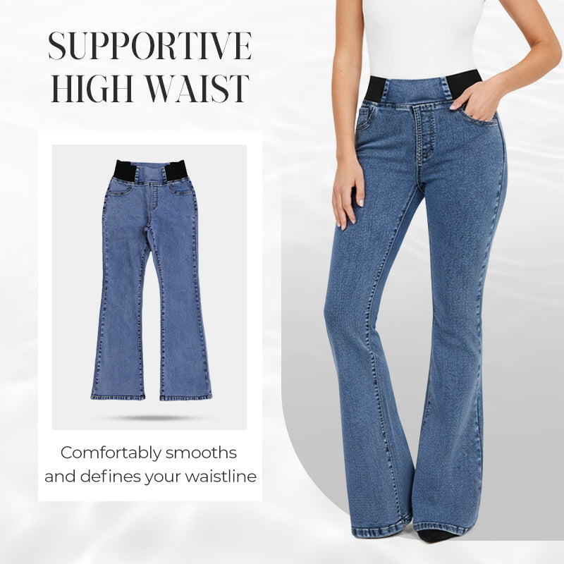 Schwarze High-Waist Flare Jeans für Damen, dehnbar, vielseitig kombinierbar & sehr modisch.