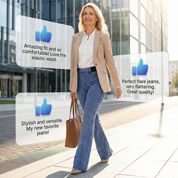 Hellblaue Damen Jeanshose mit High-Waist Bund & ausgestelltem Bein, bequemer Stretch für Freizeit.