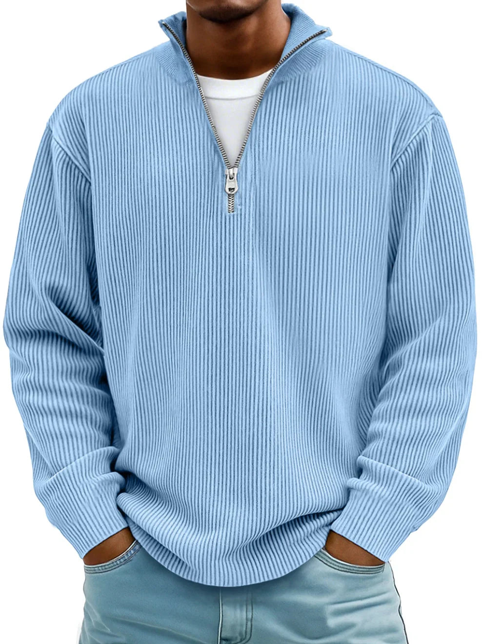Modischer Herrenpullover mit halbem Reißverschluss; ideal für Freizeit & Casual-Looks, warmer Langarm-Pullover für Männer.