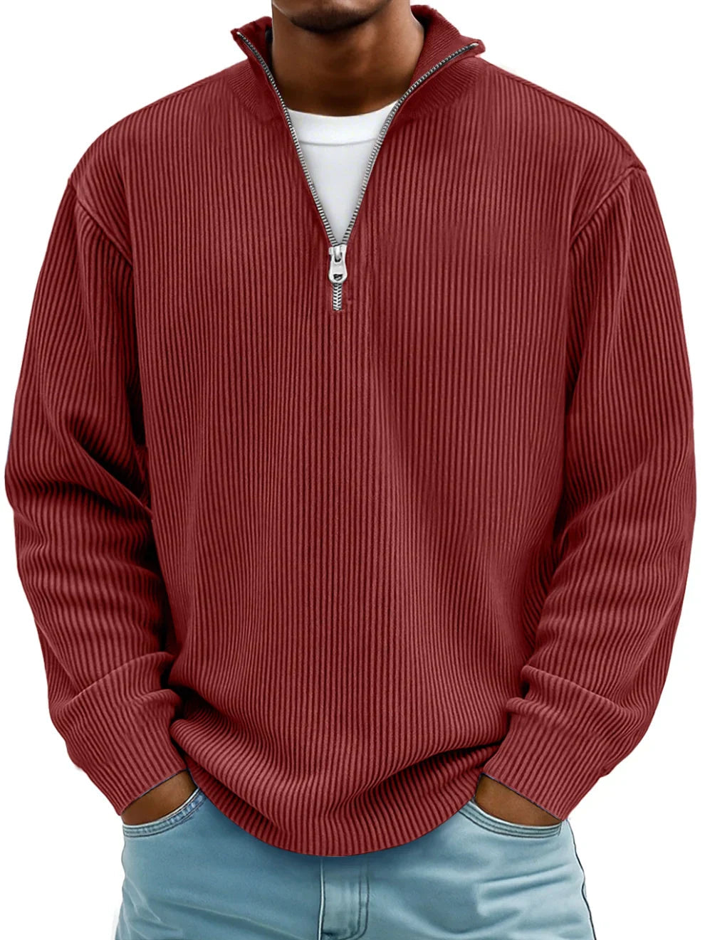 Eleganter Herren-Freizeitpullover mit halbem Reißverschluss; bequemes, warmes Langarm-Oberteil für stilvolle Herrenmode.