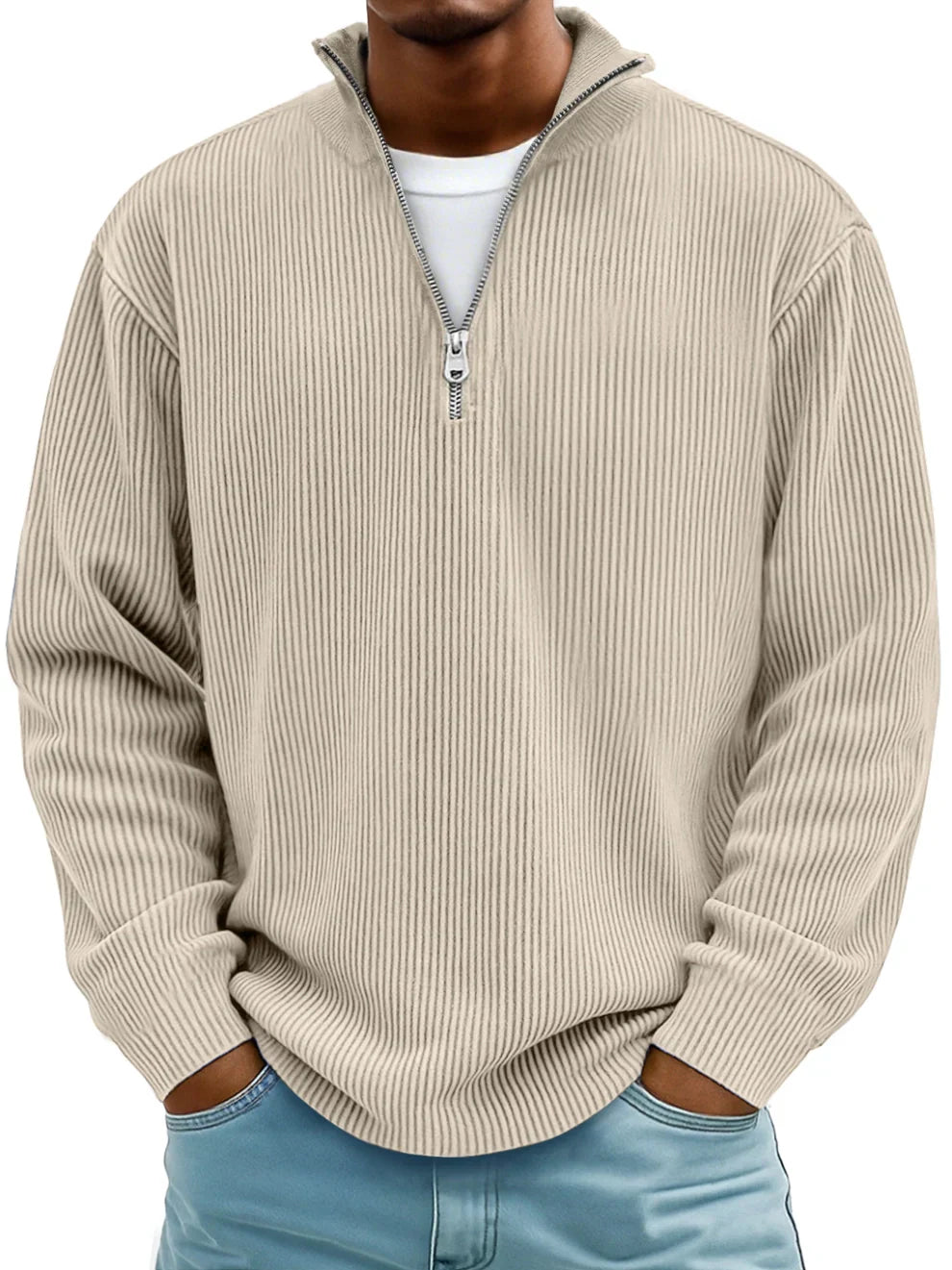Eleganter Herrenpullover mit Halbreißverschluss; komfortables, stilvolles Langarm-Oberteil für modische Freizeit.