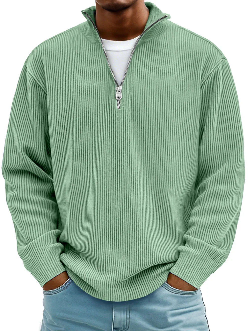 Moderner Herren-Trendpullover mit halbem Reißverschluss; praktisches, warmes Langarm-Oberteil für jeden Anlass.