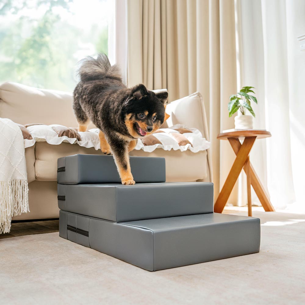 Haustiertreppe für kleine Hunde & Katzen, PU-Leder, weich; altersgerechte Unterstützung beim Aufstieg.