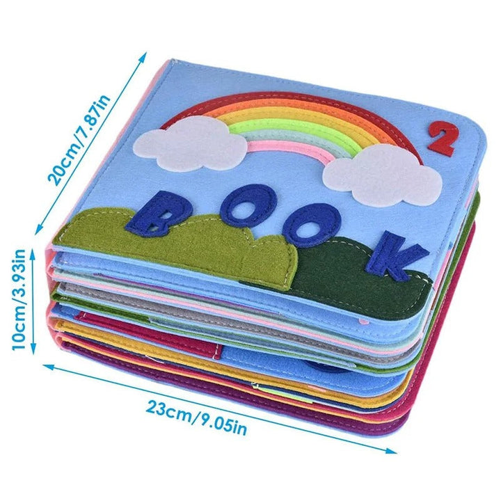 Weiches Montessori Filzbuch mit bunten Aktivitäten für Kleinkinder, als Lernspielzeug für frühe Entwicklung.
