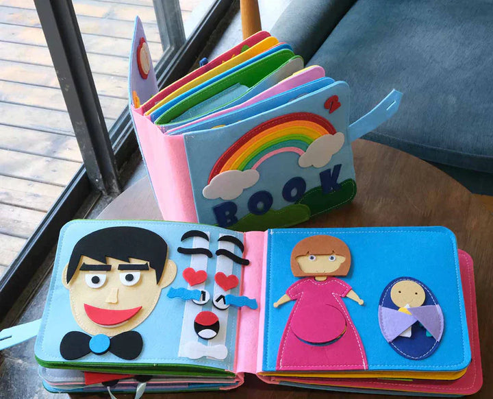 Buntes Montessori Filzbuch, ideal als Lernspielzeug zur spielerischen Förderung von Feinmotorik & Kreativität.