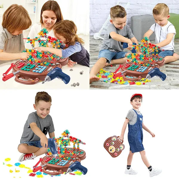 Einzelteile der Montessori Kiste inspirieren Kreativität und freies Bauen für junge Entdecker.