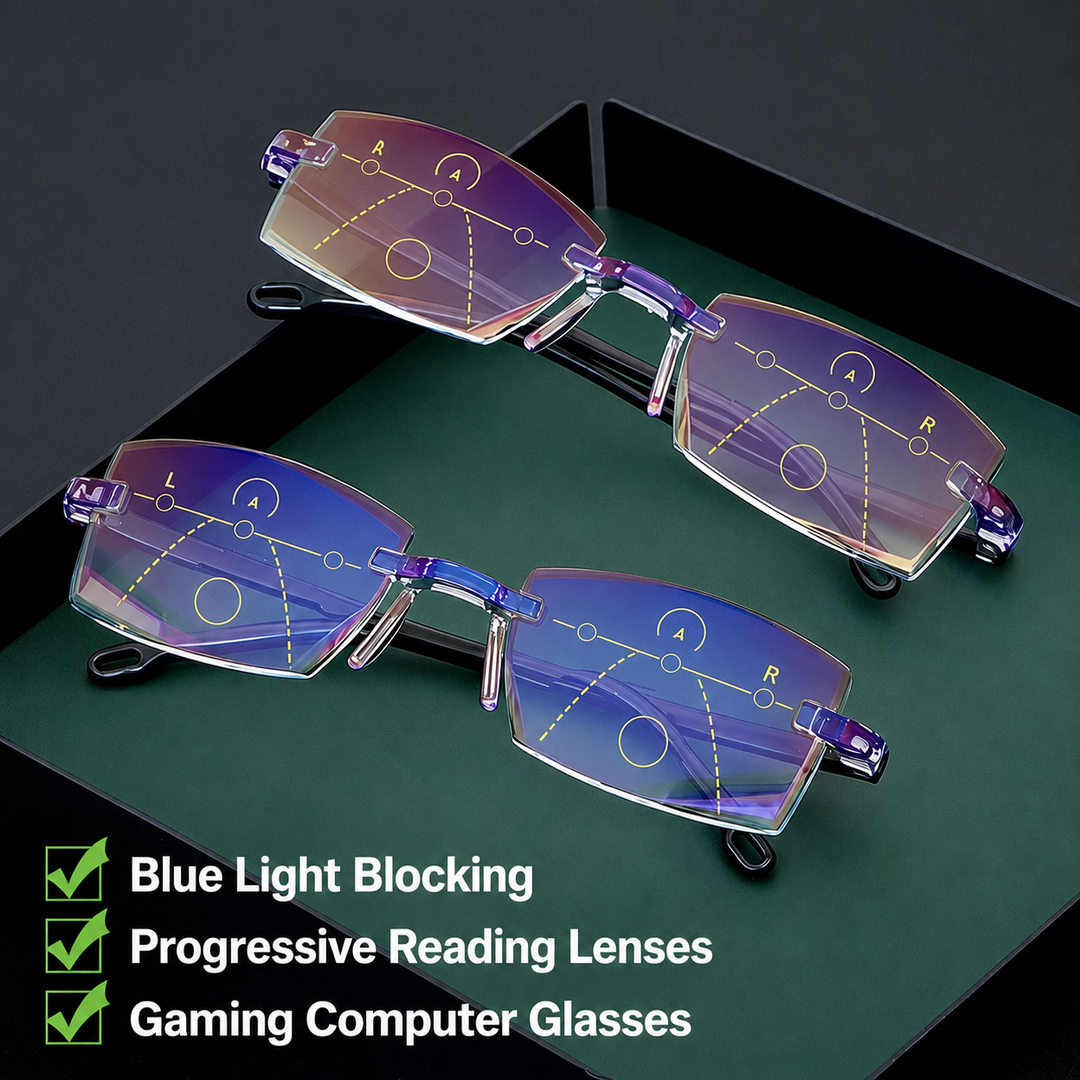 Rahmenlose Gleitsicht-Lesebrille multifokal. Blaulichtfilter schützt Augen effektiv bei Bildschirmarbeit & beim Lesen.