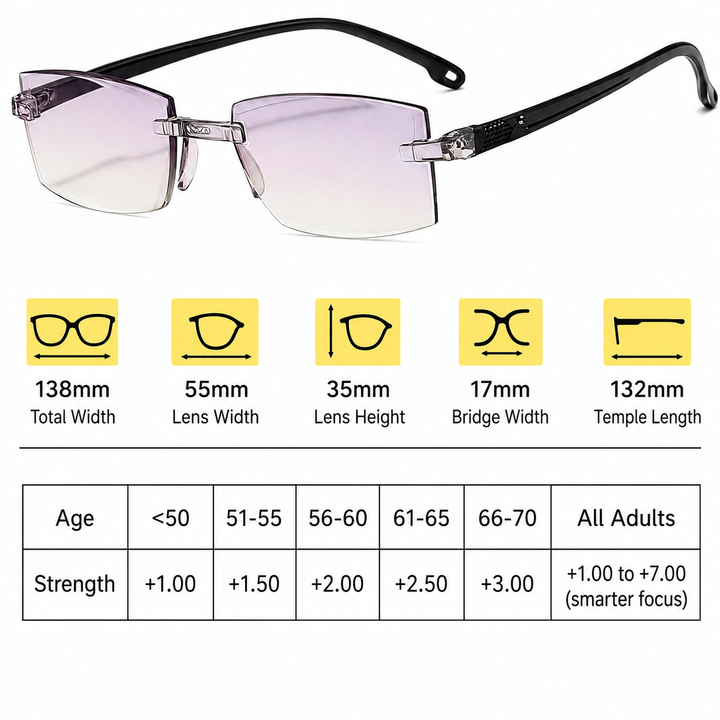 Leichte, rahmenlose multifokale Gleitsichtbrille mit Blaulichtfilter für entspanntes Lesen bei Alterssichtigkeit.