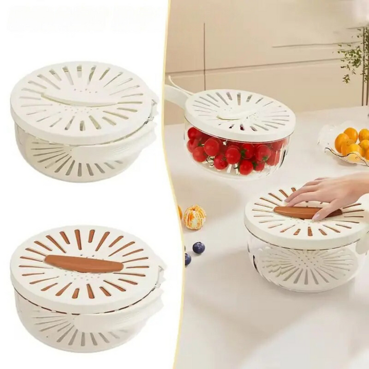 Multifunktionale 2-in-1 Abtropfschale mit Deckel, ideal als Obst- & Gemüsesieb und Aufbewahrungsbox.