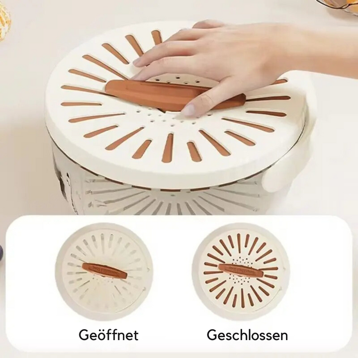 Praktische Abtropfschale & Sieb für Obst und Gemüse mit integriertem Auffangbehälter, platzsparend.
