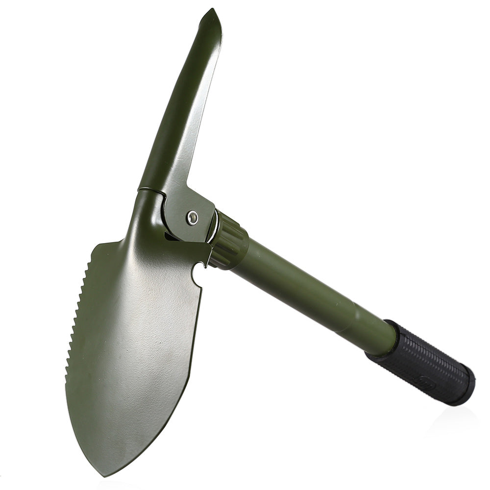 Kompakte Falt-Schaufel mit Pickel-Funktion, ideal für Wandern, Gartenarbeit & Notfallausrüstung.
