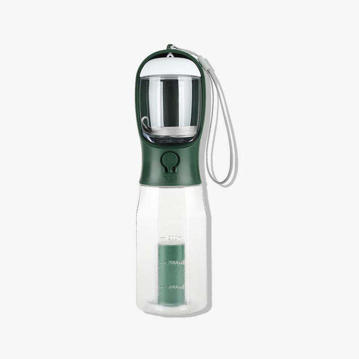 Gelbe 3-in-1 Hunde-Trinkflasche mit Trinknapf, Futterfach & Kotbeutel für Spaziergänge & Reisen.
