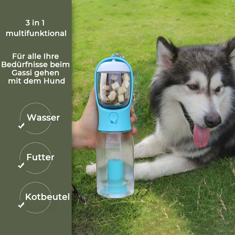 Hunde-Wasserflasche mit integriertem Futterfach und Kotbeutel für lange Spaziergänge und Reisen.