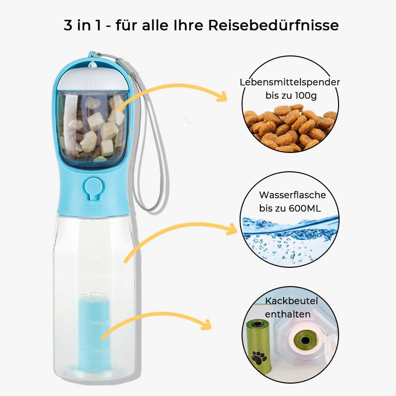 Praktische blaue Hunde-Trinkflasche für unterwegs: Wasser, Futter und Kotbeutelhalter in Einem.