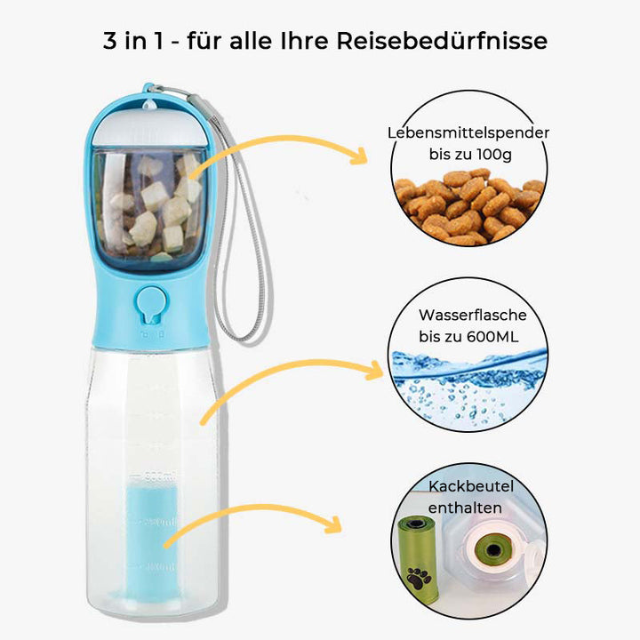 Praktische blaue Hunde-Trinkflasche für unterwegs: Wasser, Futter und Kotbeutelhalter in Einem.