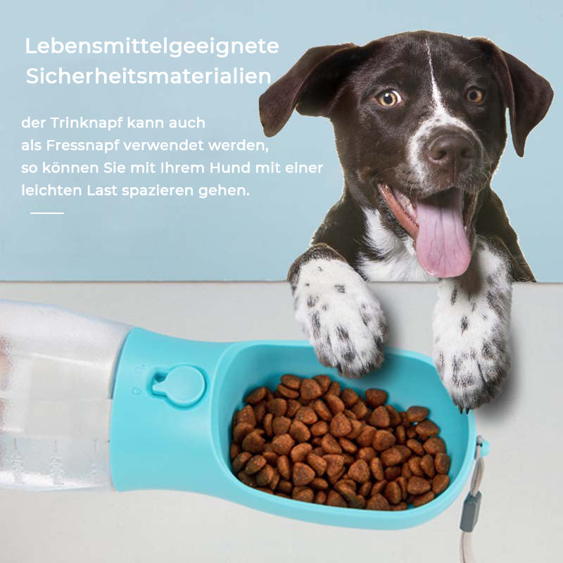 Kompakte Hunde-Reiseflasche mit Wassernapf, Futterkammer & Kotbeutelspender. Ideales Gassigeh-Zubehör.