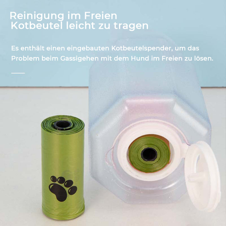Robuste grüne Hunde-Wasserflasche für unterwegs. Multifunktionale Lösung für Durst und Hunger.
