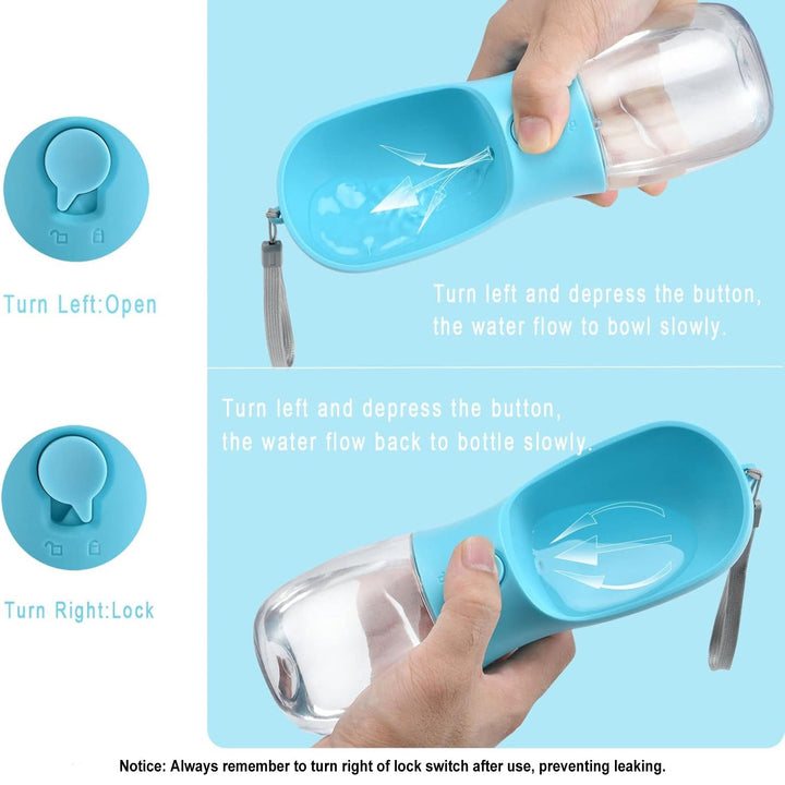 Innovative Hunde-Trinkflasche mit Futterbehälter und Kotbeutelspender. Perfekt für aktive Hunde.