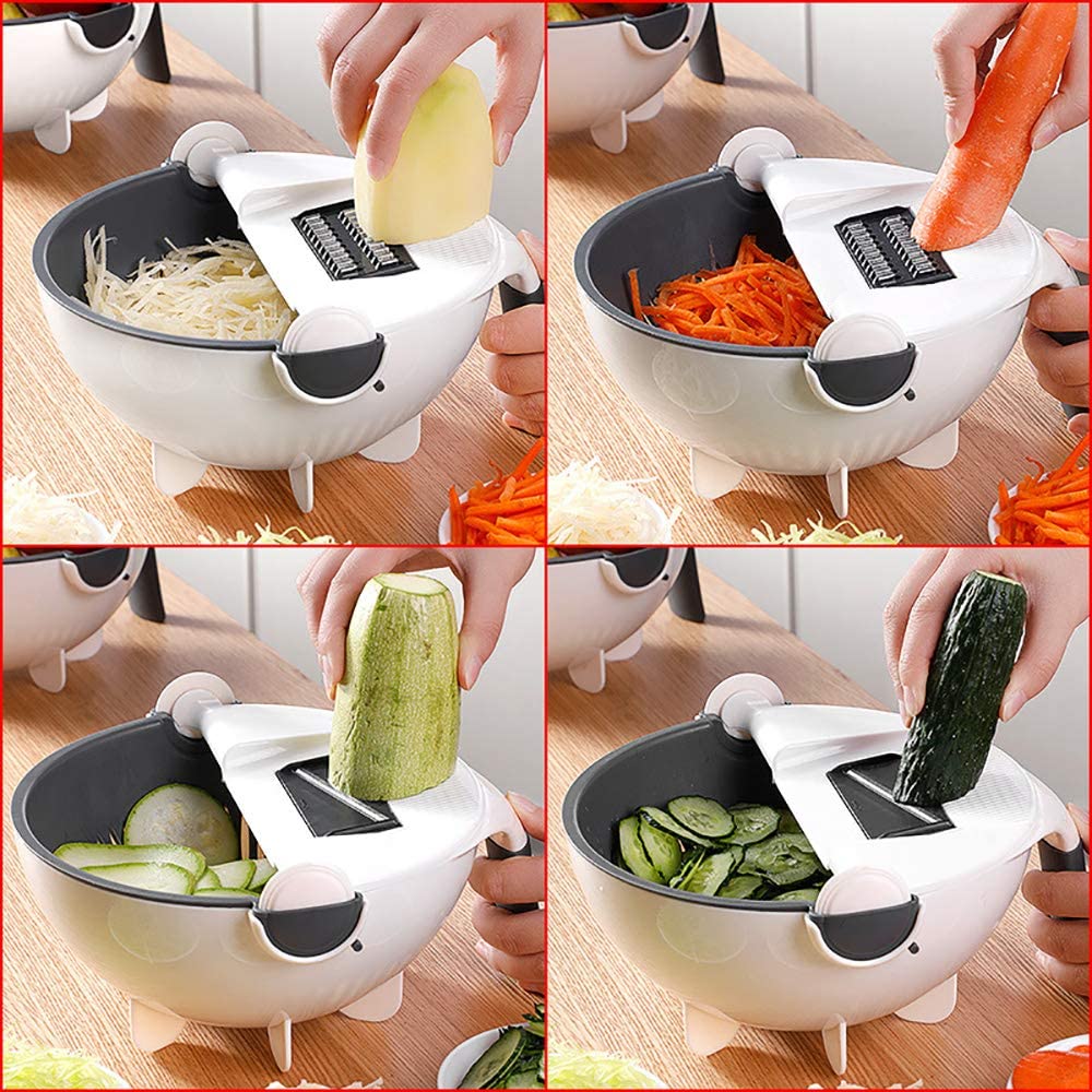 Detailansicht des multifunktionalen Gemüseschneiders, der Kartoffeln in feine Scheiben hobelt; ideal für Gratin.