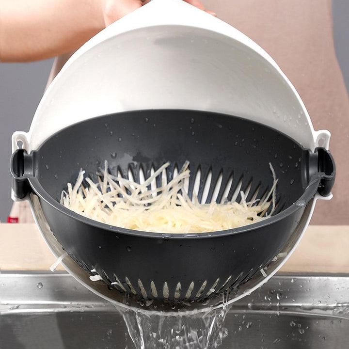Gemüseschneider mit Reibe und Sieb, ideal für schnelle und gesunde Mahlzeiten, ein top Küchenutensil.