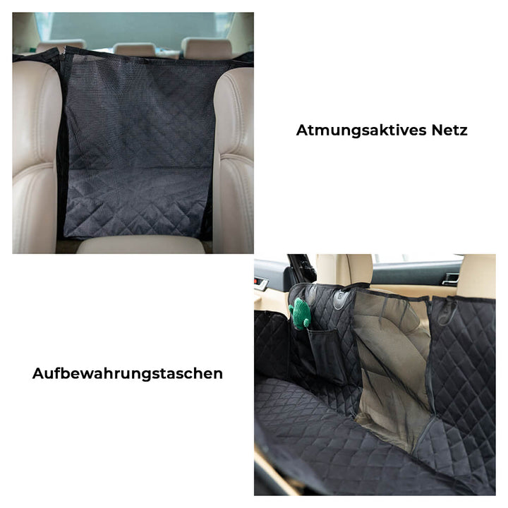 Essentielles Reise-Zubehör für Hunde: Schwarzer, wasserdichter Autositzbezug. Bietet maximalen Rücksitzschutz im Auto.