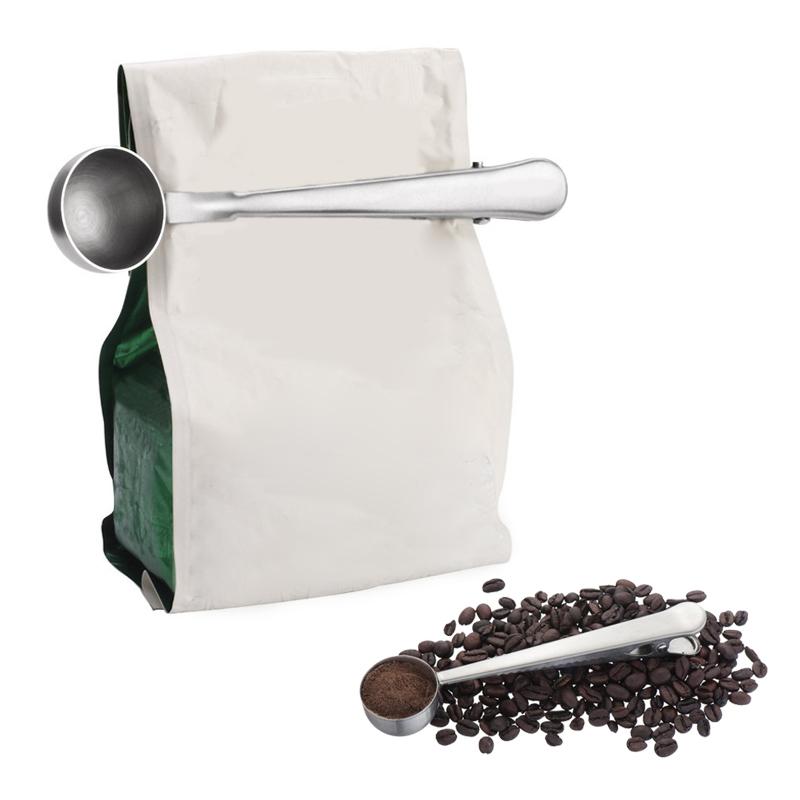 Aromaschützender Kaffeelöffel aus Edelstahl mit Clip, unverzichtbar für frischen Kaffee.