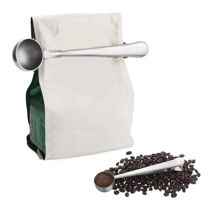 Aromaschützender Kaffeelöffel aus Edelstahl mit Clip, unverzichtbar für frischen Kaffee.