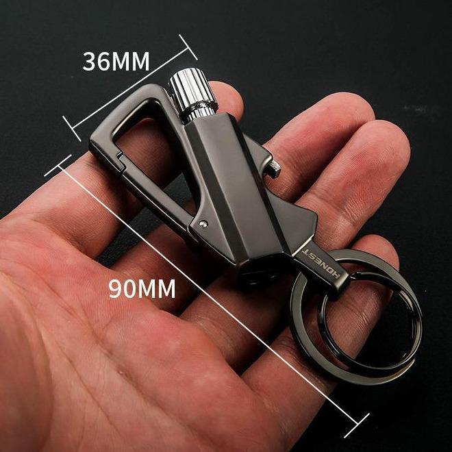 Robuster Schlüsselanhänger mit Feuerstarter, Flaschenöffner & Notfall-Werkzeug. Ideal für Outdoor & EDC.