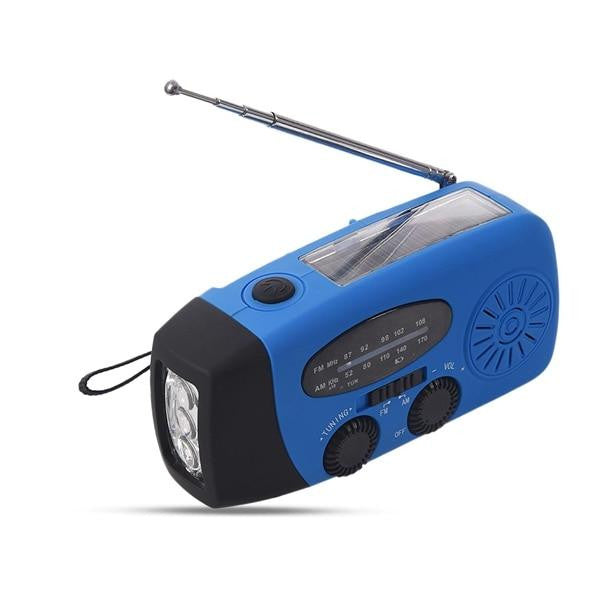 Multifunktionales Notstromgerät mit Solar & Kurbel, Powerbank, AM/FM Radio & LED-Taschenlampe für Notfälle.
