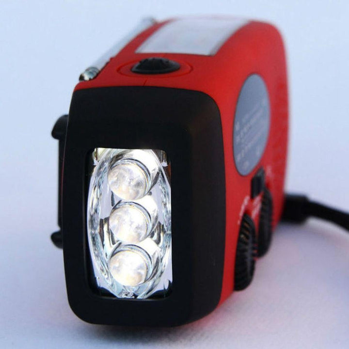 Kompaktes Notstromgerät mit Kurbel & Solar, Powerbank, Notfallradio & LED-Taschenlampe für Unterwegs.