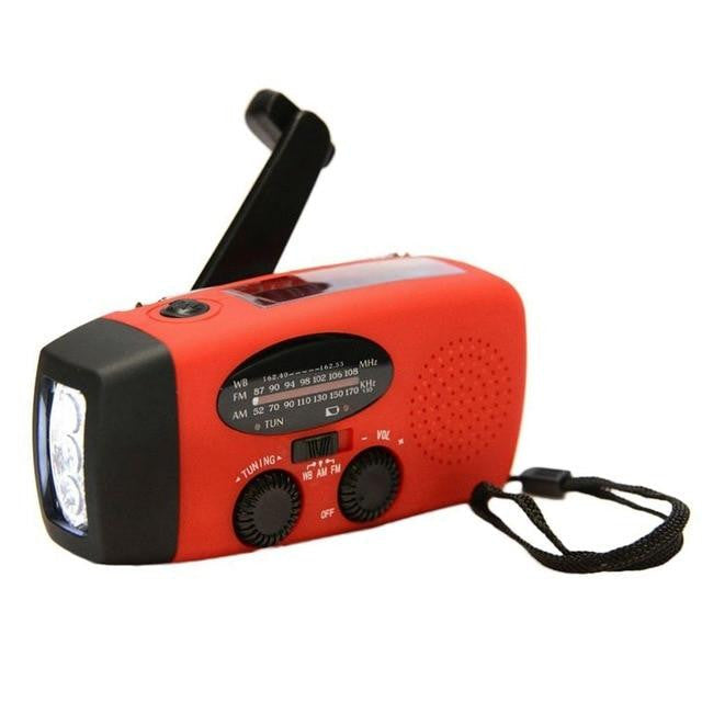 Umweltfreundliches Notstromgerät mit Solar- & Kurbelbetrieb, AM/FM Radio, Powerbank & heller Taschenlampe.