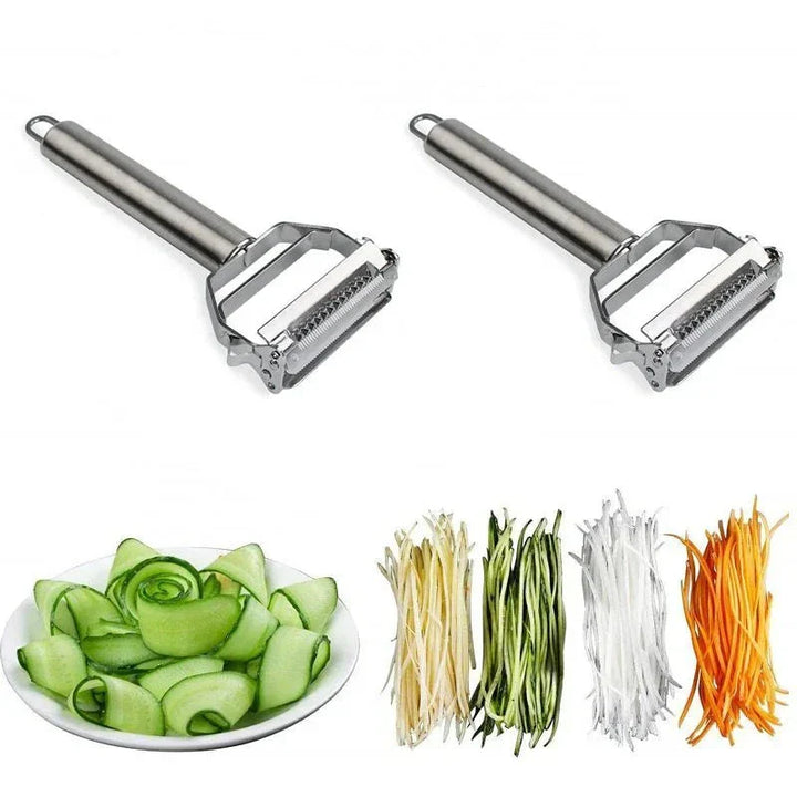 Spülmaschinenfester Edelstahl Gemüseschäler & Julienne-Schneider für einfache Reinigung und schnelle Zubereitung.
