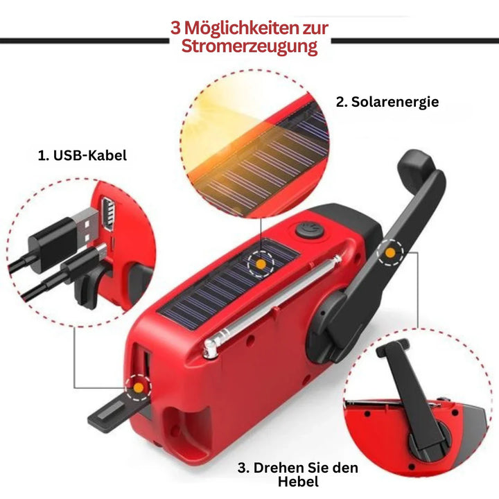 Sicheres Notfallradio mit Handkurbel, Solarpanel, Powerbank und Wetterradio für Krisenvorsorge und Camping.
