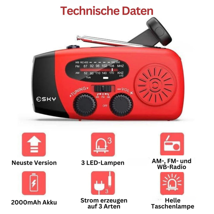 Kompaktes Notfallradio mit Powerbank zum Laden, Solarfunktion & Handkurbel. Unverzichtbar für Outdoor-Abenteuer.