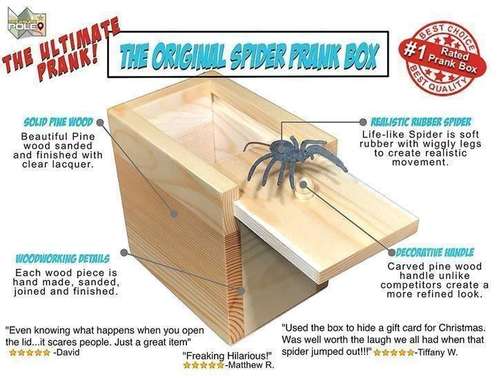 Lustige Streichbox mit realistischer Spinne für Erwachsene & Kinder. Ein tolles Geburtstagsgeschenk oder Gag.