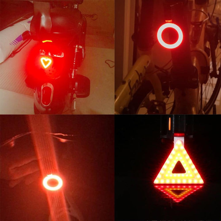 Robustes LED Fahrrad-Rücklicht und Bremslicht aus verschiedenen Perspektiven. Wichtiges Fahrradzubehör für Sicherheit.