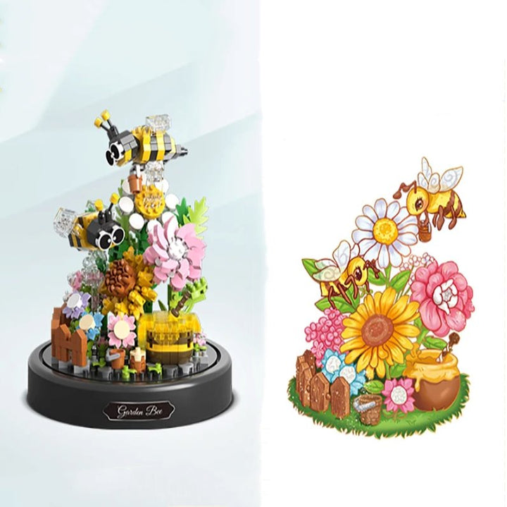 Ansicht von oben: Nano Bausteine Schmetterling & Biene auf detaillierten Blüten. Kreatives Bau-Set.