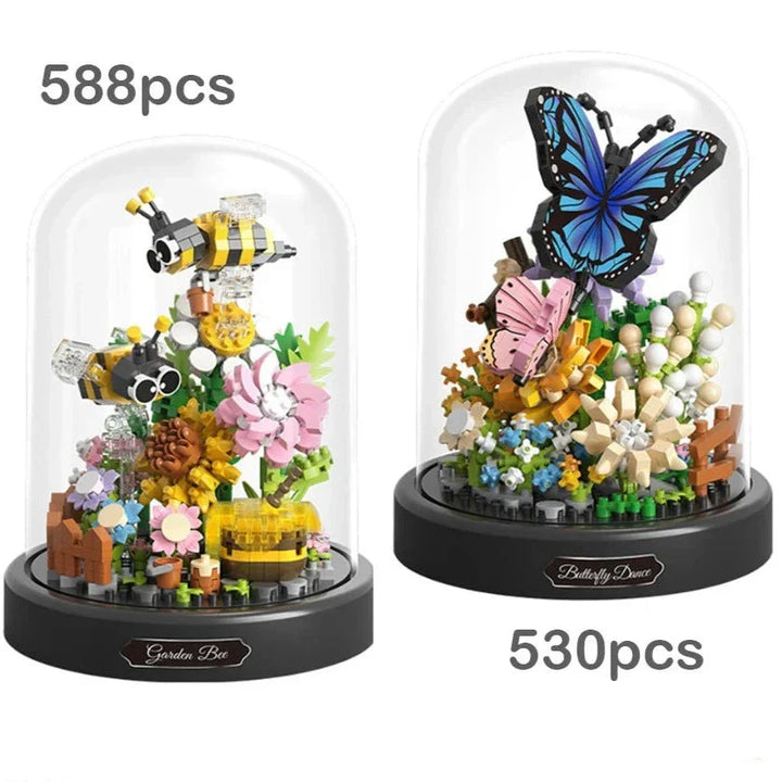 Miniatur Insekten Modell: Nano Bausteine Schmetterling & Biene mit farbenfrohen Blüten. Originelle Geschenkidee.