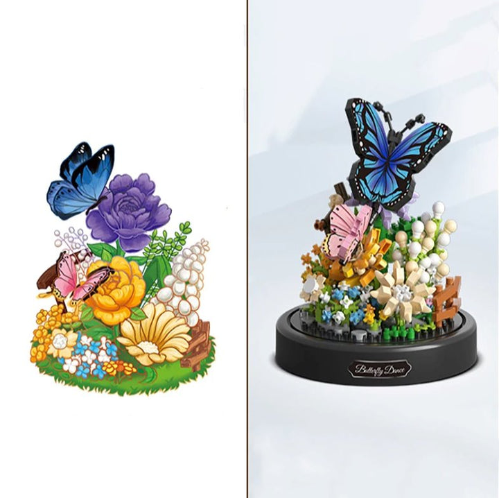 Miniatur Nano Bausteine: Schmetterling und Biene auf Blumen, ideal für Modellbau & Hobby-Projekte.
