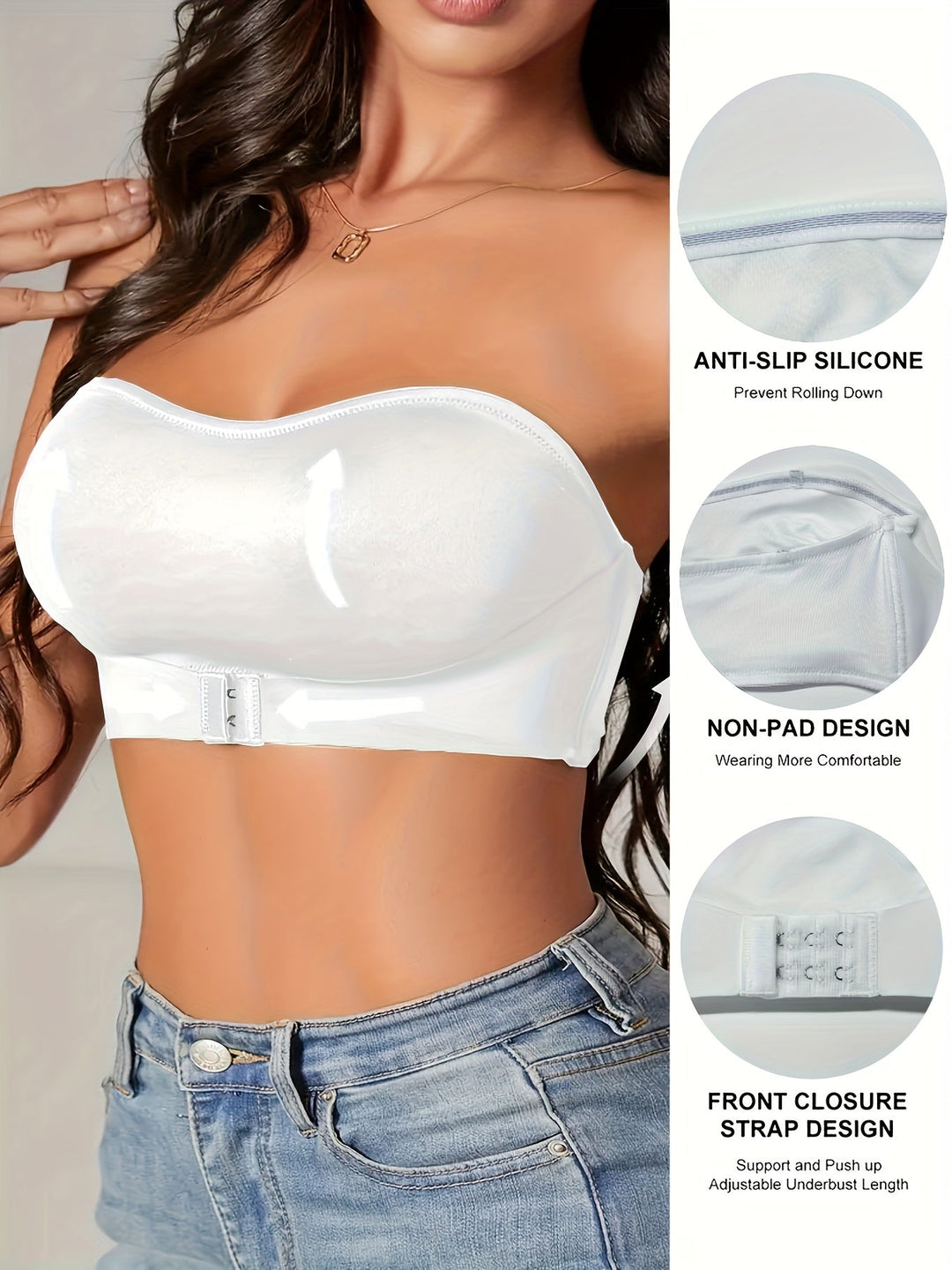 Rutschfester Damen Bandeau-BH in Weiß. Nahtlose, bügellose Unterwäsche für Sport, Yoga & Freizeit. Hoher Komfort.