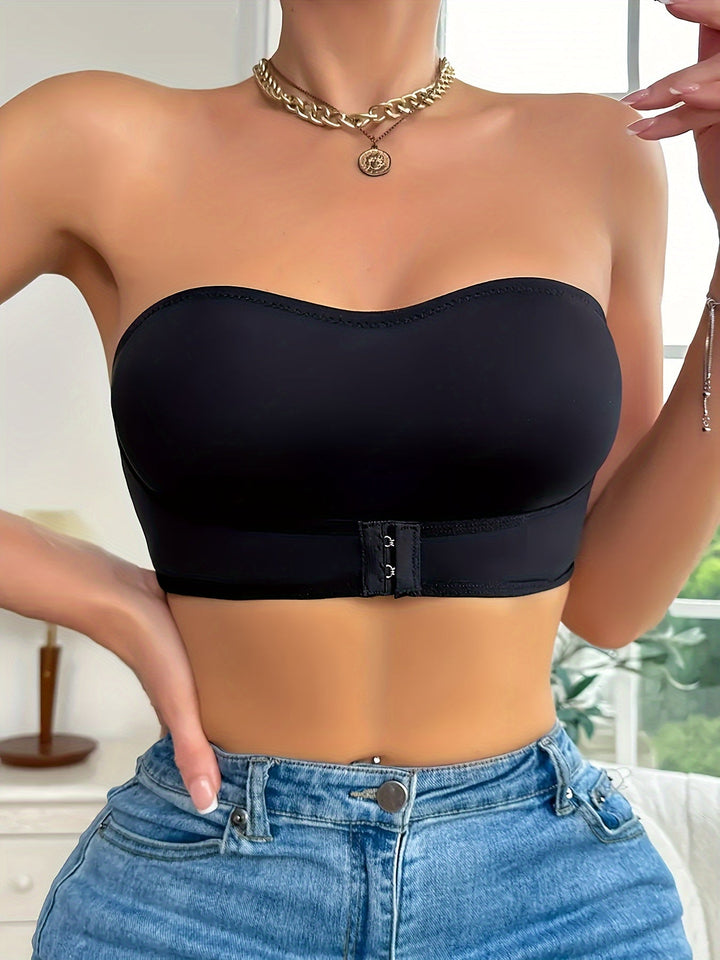 Schwarzer Damen Sport Bandeau-BH nahtlos & bügellos für Yoga, Fitness & Alltag. Rutschfester Tragekomfort.