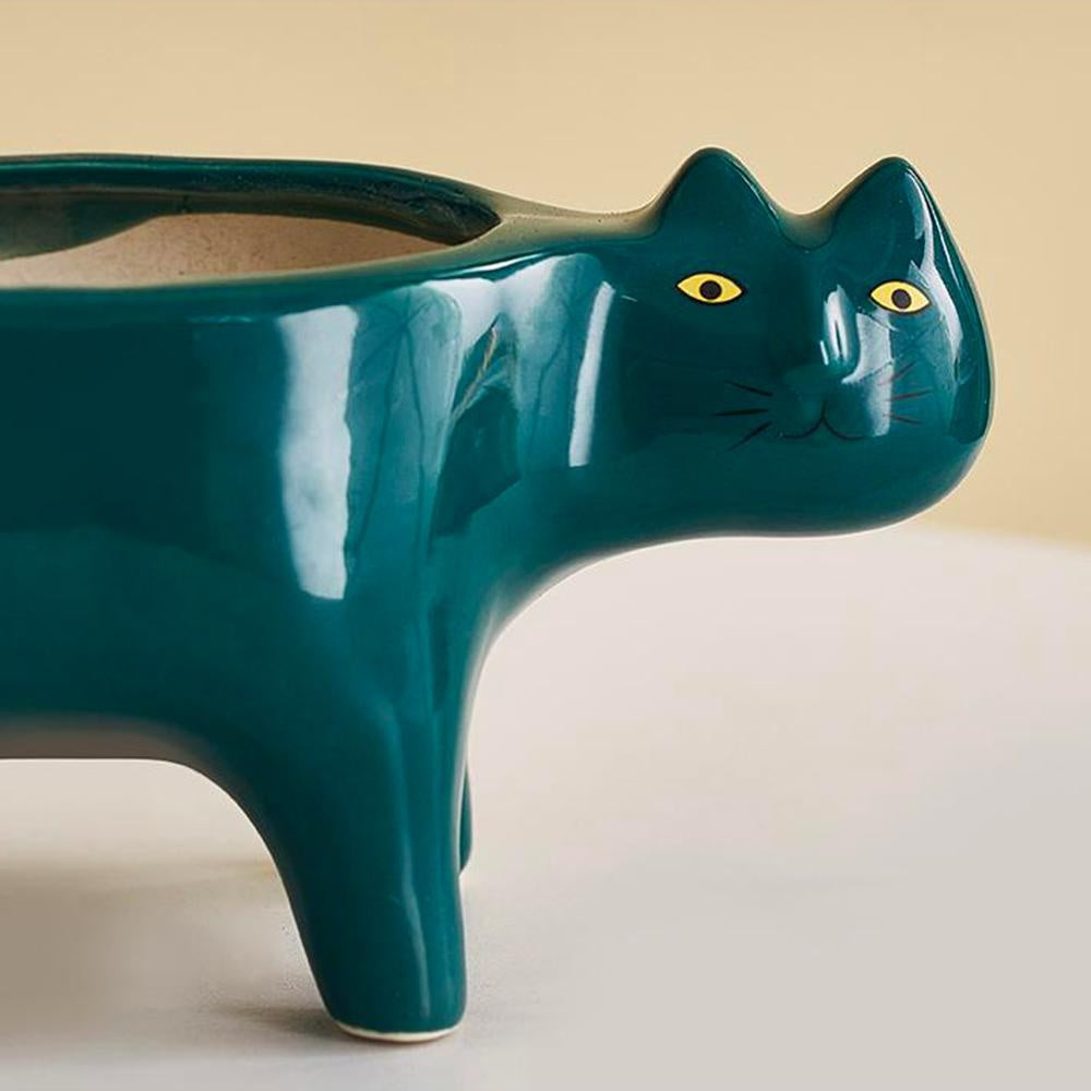 Handgefertigter Keramik Katzen Pflanztopf, moderne Innendekoration für Pflanzen.