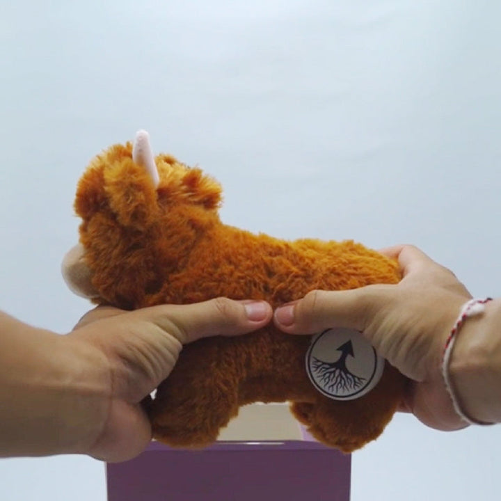 Sicheres Baby Kuscheltier, niedliche Hochland Kuh aus weichem Plüsch. Ein treuer Schlaffreund für Kleinkinder.